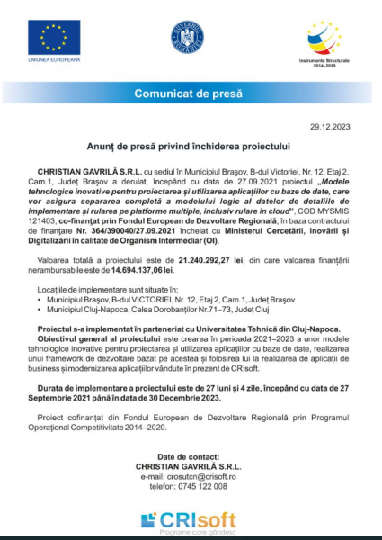 Comunicat presa finalizare proiect